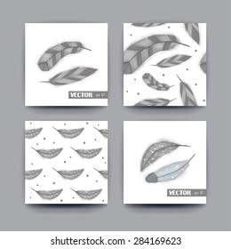 Set feathers post cards and pattern, vector -  eps 10