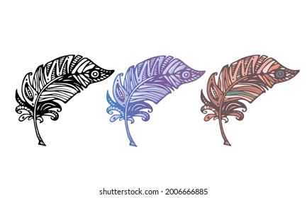 Set of feathers. Vector illustration  with patterns and small details on a white background. Designing for clothes, tattoo, print, posters, cards, stickers