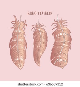 A set of feathers for your design with ethnic ornament in rose gold color. Hand drawn illustration in boho chic style