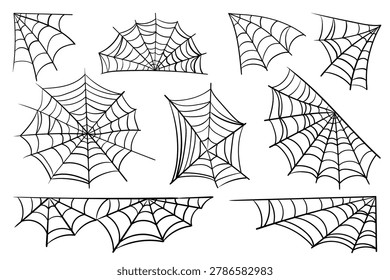 Set features black sketch spider web isolated on a white. This spooky collection of web corner and circular cobweb illustrations is perfect for Halloween decor, tattoo designs, and horror branding.