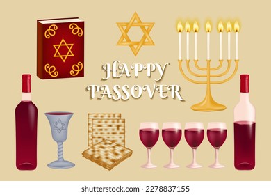 Set features a collection of Jewish symbols for the holiday of Happy Passover. Star of David, matzah, red wine, kiddush cup, haggadah, and hanukkiah menorah. Vector icons set.