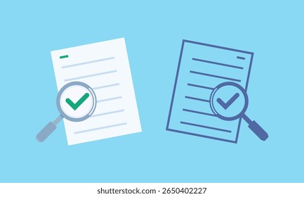 set apresenta ícones de design planos de documentos com lentes de aumento e marcas de seleção verdes ou azuis, simbolizando aprovação, verificação ou conclusão bem-sucedida.