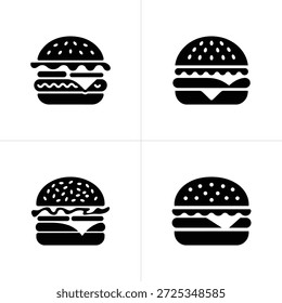 El conjunto presenta cuatro siluetas de hamburguesa sobre un fondo blanco transparente. Los iconos simples representan hamburguesas con queso en un estilo minimalista.