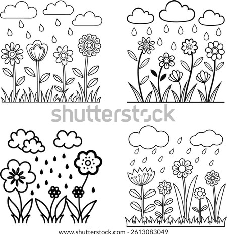 Set features outlined flowers and grass under rainfall and clouds, 