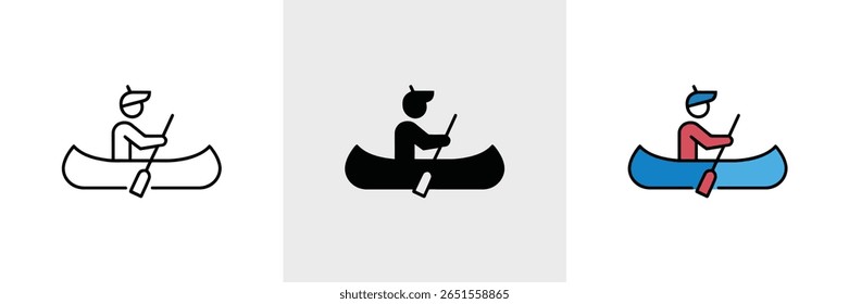 O conjunto apresenta uma linha simples, preto sólido e versão colorida de um homem usando um boné, rechando uma canoa com um remo, definido contra um fundo transparente.