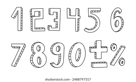 Set features variety of doodle font digits on white background. Each figure depicted in charming monochrome line art style perfect for artistic designs