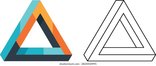 A set featuring a colorful and a black-and-white line art version of the Penrose triangle, an impossible geometric object.
