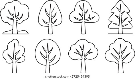 Conjunto con ocho gráficos de arte lineal distintos que representan varias Formas y especies de árboles. Incluye árboles caducifolios y coníferas mostrados en estilo simple.