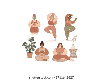 Un conjunto que presenta a cinco mujeres de varios tipos de cuerpo que participan en el cuidado personal, el bienestar y las actividades conscientes. La colección promueve la positividad corporal, la salud mental, el amor propio y el bienestar holístico.
