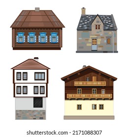 A set featuring four classic country houses of different nations. Slavic, British, Turkish and Alpine cottages