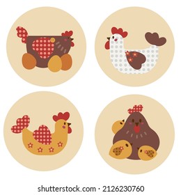 A set featuring a hen with eggs, hens with a pattern, a mother hen and her baby chicks. Design for decor. Collection of round stickers. Vector illustration.