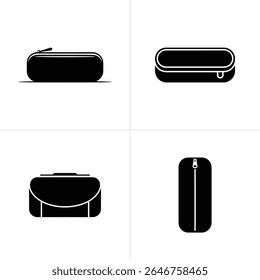 Set featuring minimalist icons, presenting four black pencil cases and a bag in various shapes and styles on a clean, transparent background.