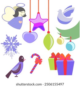 Set featuring pastel-themed Christmas elements, including an angel, bird, stars, gift boxes, and hanging ornaments. Suitable for decorating, holiday cards, or seasonal crafts.