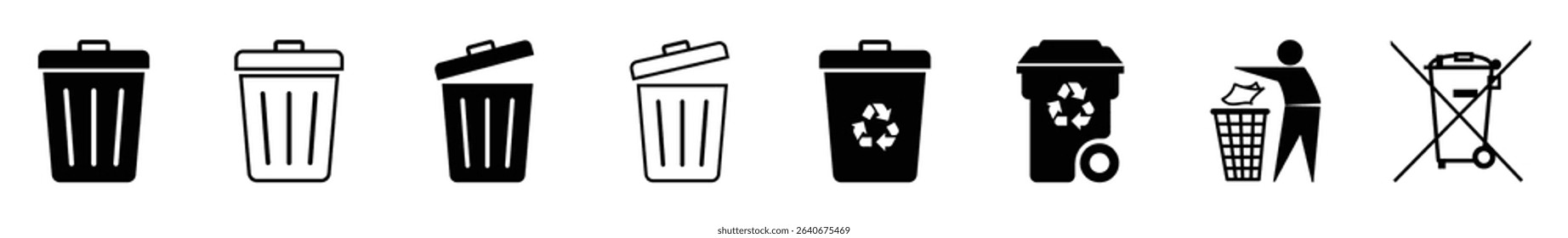 Set featuring trash cans, recycle bins, WEEE bin, and waste disposal symbols. Ideal for eco friendly, sanitation, and environmental awareness projects.