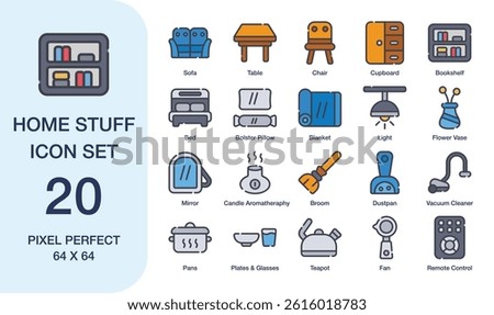 set featuring twenty icons of home stuff. Ideal for web design, interior decor, household product packaging, and social media
