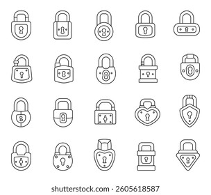 Set featuring various vintage padlocks and locks with unique keyholes, closure mechanisms, safety tools, security elements, and outline illustration objects for privacy protection design
