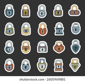 Set featuring various vintage padlocks and locks with unique keyholes, closure mechanisms, safety tools, security elements, and outline illustration objects for privacy protection design