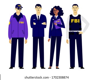 Set of federal agents characters in trendy flat style. Group of policemen, FBI agent or inspector. Federal bureau of investigation team, detection of violations. Different young officers men and women