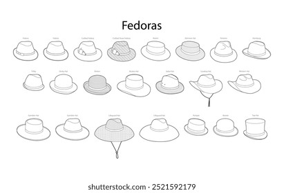 Set of Fedora style hats with name text - Boater Panama Homburg Derby Breton Safari Western Gambler. Head Fashion accessory cap clothing technical illustration. Vector headgear, flat template CAD