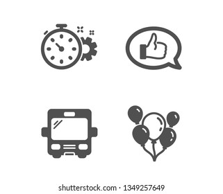 Set of Feedback, Bus and Cogwheel timer icons. Balloons sign. Speech bubble, Tourism transport, Engineering tool. Air balloons.  Classic design feedback icon. Flat design. Vector