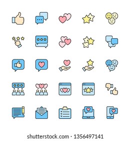 Juego de iconos de línea de color plano de retroalimentación. Sube, Como, No Me Gusta, Corazones, Chat, Comentarios, Estrellas, Favorito, Mejor Elección, Emoticonos, Revisión del Cliente, Calificación, Reputación y más. Envase con 48x48 iconos de píxeles