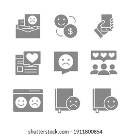 Set of feedback gray icons. Like and dislike, charity, favorite, quality control, customer review and more.