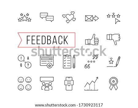set of feedback icons. concept of testimonials in social web, influence forum, loyalty proposal, target research. symbol of inquiry - response, crm. black linear sign isolated on white background