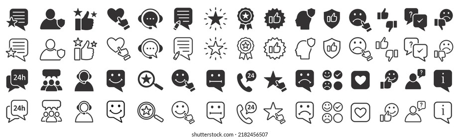 Juego de iconos de retroalimentación. Satisfacción, testimonios, valoración, comentarios, preguntas, aplicación. Iconos de satisfacción del cliente, comentarios del usuario, ayuda. Vector.