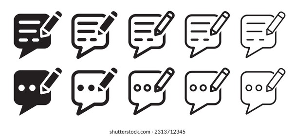 Set of feedback icons. Write a feedback, customer review, message, speech bubble and pencil. Survey, article, blog, social media. Vector.