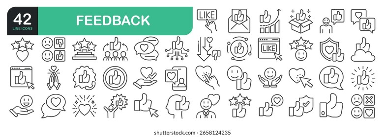 Set Of Feedback Line Icons. Set contains such icons as Feedback, Rating, Like, Dislike, Comment, and more.