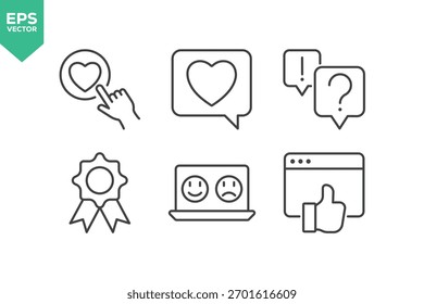 Gruppe von Feedbackzeilensymbolen. Set enthält Symbole wie Feedback, Bewertung, Gefällt mir, Abneigung, Kommentar und mehr.