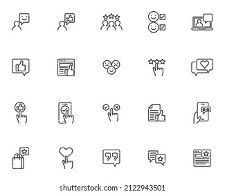 conjunto de iconos de línea de comentarios, revisión, testimonio, satisfacción del cliente