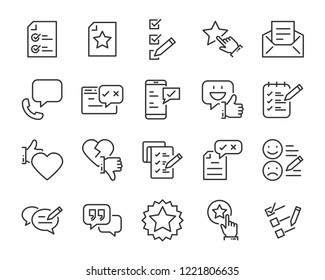 set of feedback line icons, such as, question, review, test, app, emoji, survey