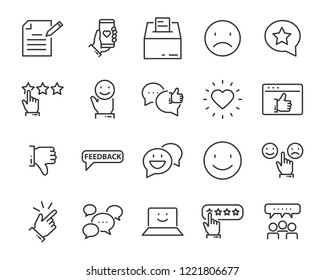 set of feedback line icons, such as, question, review, test, app, emoji, survey
