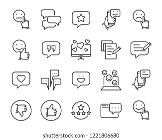 set of feedback line icons, such as, question, review, test, app, emoji, survey