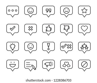 set of feedback line icons, such as, question, review, test, app, emoji, survey