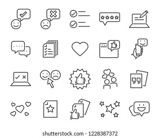 Reihe von Feedback-Linien-Symbolen, z. B. Frage, Prüfung, Test, App, Emoji, Umfrage