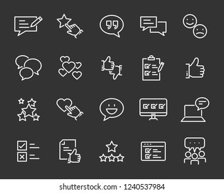 set of feedback line icons, such as, question, review, test, app, emoji, survey