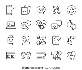 set of feedback line icons, such as, question, review, test, app, emoji, survey