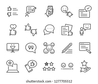 set of feedback line icons, such as, question, review, test, app, emoji, survey