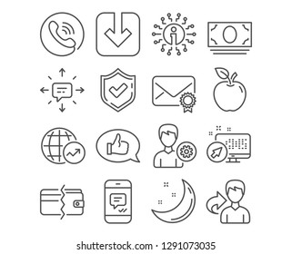 Set of Feedback, Load document and World statistics icons. Payment methods, Cash money and Sms signs. Support, Message and Verified mail symbols. Speech bubble, Download arrowhead, Global report