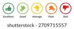 Set of feedback rating. Excellent, good, average, poor, bad. Rating thumb icon set. Thumb up, Thumb down. Vector