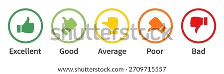 Set of feedback rating. Excellent, good, average, poor, bad. Rating thumb icon set. Thumb up, Thumb down. Vector