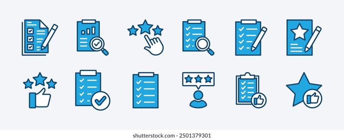 Set of feedback, rating, review, satisfaction, positive comment, like, opinion, and evaluation icon. Containing star, checklist, thumb up, customer service, good support, survey, and analysis result