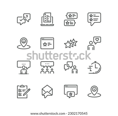 Set of feedback related icons, rating, testimonials, customer relationship management, quick response, review, satisfaction and linear variety vectors.