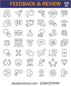 Set of Feedback, Review, and Customer Experience Outline Icon Collection. Rating, Testimonials, Quick Response, experience, Satisfaction, etc. Simple web icon illustration, EPS 10.