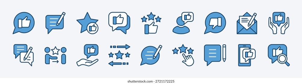 Conjunto de ícono de Comentarios, revisión y satisfacción. Contiene me gusta, comentario, pulgar hacia arriba, estrella, calificación positiva para testimonial, calidad, servicio, opinión. Comunicación de la burbuja del habla para las redes sociales - Ilustración vectorial