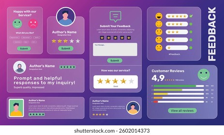 Set of Feedback, Stars Rating, Satisfaction Level, and Emoticon Emojis. Includes Customer Reviews, Various Feedback Text Boxes for Websites and Mobile Apps, and an Editable Feedback Template
