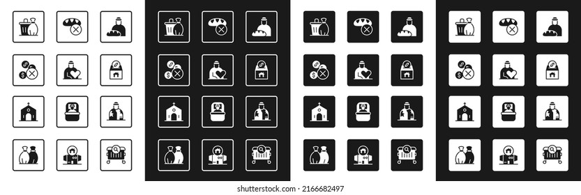 Set Feeding The Homeless, Volunteer, No Money, Trash Can, Donation And Charity, Food, Homeless And Church Building Icon. Vector