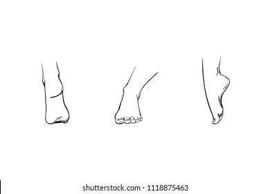 Set of feet in different angles, parts of a human body, lines and strokes sketch drawn. Icons of legs view straight, rear, side. Image of foot care or part for illustration, vector